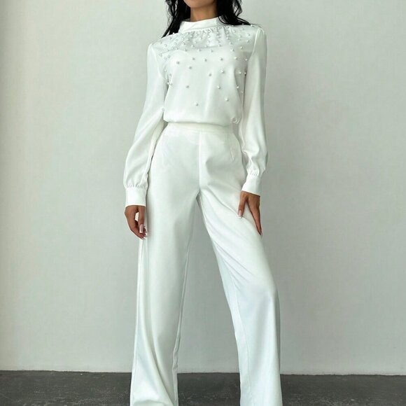 White Elegant Women's Romantic Pearl detailed Ruched Long Sleeve Blouse - Picture 5 of 6